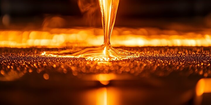 A close-up of molten metal or a similar liquid material flowing over a textured surface, emitting a warm orange glow. Concept Molten Metal Close-Up, Textured Surface, Warm Orange Glow