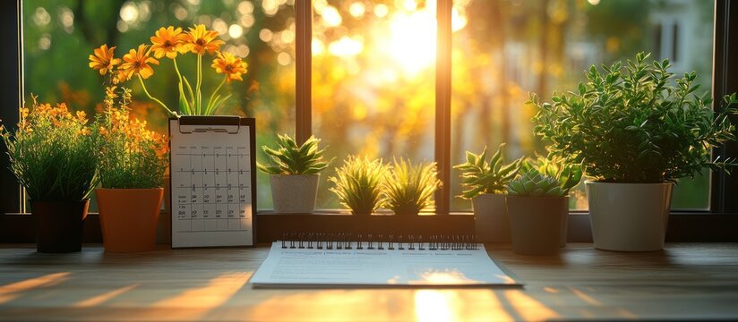 Sunny workspace with calendar, plants, and notebook near window.