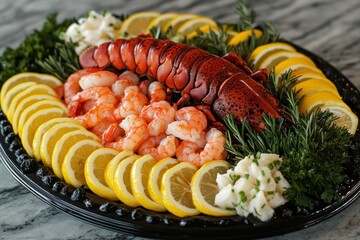 Lavish seafood platter featuring fresh lobster, shrimp, and vibrant lemon slices arranged beautifully on a marble surface for an elegant dining experience.