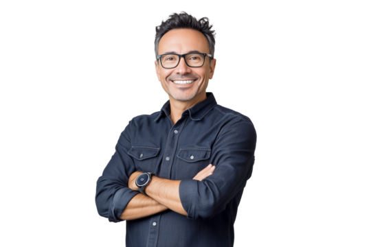 A smiling man wearing glasses, a dark denim shirt, and a smartwatch, standing confidently with his arms crossed against a transparent, isolated background