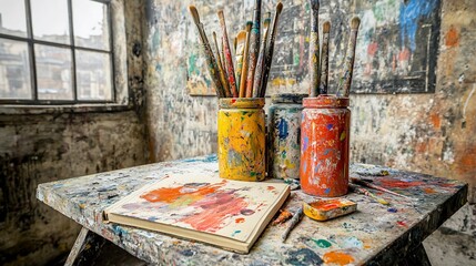 Paintbrushes in jars, sketchbook on messy artist's table.