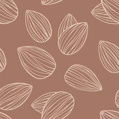 Line Art Stylized Almond Seeds Vector Seamless Pattern in Mocha Mousse Trendy Color of the Year 2025 for Wallpapers or Fabric Textile Design