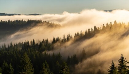Obraz premium Ethereal Fog Rolling Over Dense Pine Forest at Dawn in a Tranquil Wilderness
