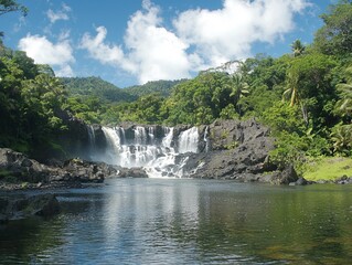 Fototapeta premium A serene waterfall surrounded by lush greenery and a calm pool.