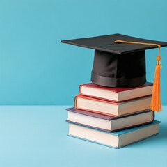 Graduation cap on a stack of books against a light blue background