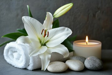 Serene Spa Scene with White Lily, Soft Towel, and Gentle Candle On a Calm Gray Surface for Relaxation and Wellness Promotion