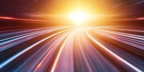 Fototapeta premium A vibrant abstract representation of light streaks converging towards a bright sun or light source, creating a sense of motion. Concept Abstract Light Streaks, Dynamic Motion, Radiant Sun