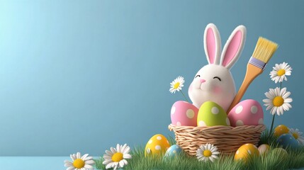 Obraz premium Colorful decorated Easter eggs in a woven basket on a blue background with flowers