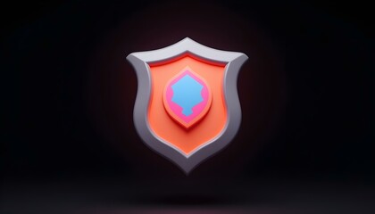 3D render of a shield icon with a vibrant emblem in the center, surrounded by a polished metallic rim, isolated on a stark black background create with ai
