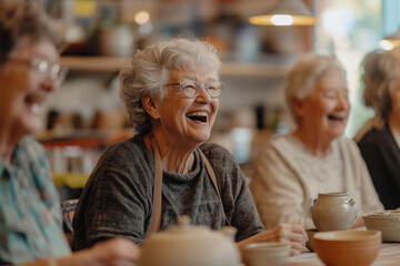 Seniors enjoy creative pottery class experience while bonding with each other in a warm and inviting studio environment