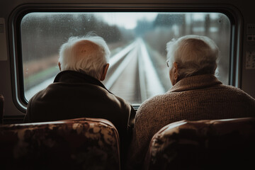 Elderly couple enjoys train journey together while gazing out the window at the passing landscape