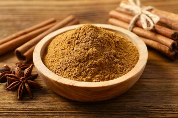 Aromatic cinnamon and anise stars on a wooden background