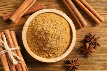 Aromatic cinnamon and anise stars on a wooden background