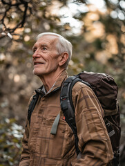 Obraz premium Older man hiking on a scenic trail enjoying the beauty of nature in the great outdoors