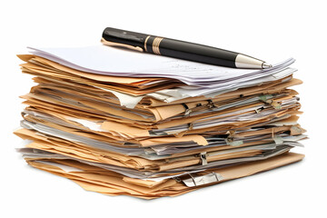 Stack of professional business documents with pen resting on top, isolated with clean background space.