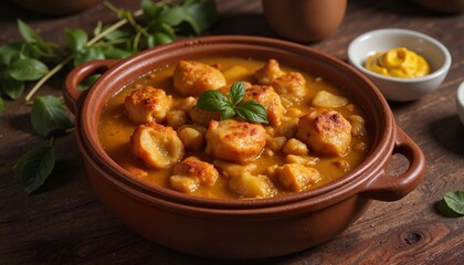 Hernekeitto soup in rustic bowl with herbs and mustard on wooden table