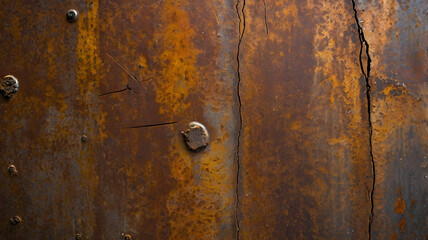 Fototapeta premium A close-up of rusted metal with scratches and orange-brown corrosion, creating an aged industrial feel.