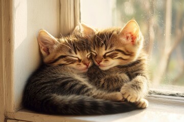 Two Kittens Sleeping on a Windowsill
