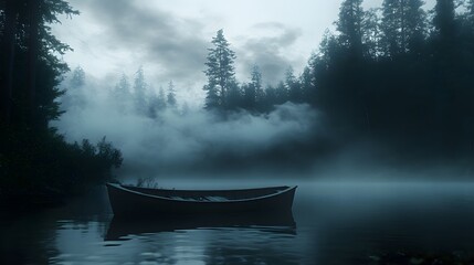 Peaceful wooden boat drifting on a misty lake surrounded by evergreen trees