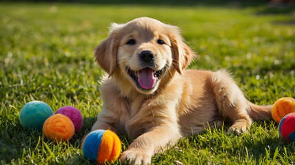 A playful Golden Retriever puppy enjoying a sunny day on a green lawn, surrounded by colorful dog toys, exuding happiness and energy.