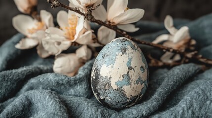 Obraz premium Decorated Easter egg with magnolia blossoms on blue fabric.