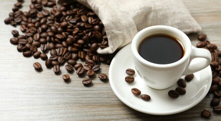 Cup of coffee and coffee beans on wooden background