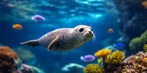 Fototapeta premium A curious seal swims underwater among colorful fish and vibrant coral. Concept Underwater Exploration, Curious Marine Life, Colorful Coral Reefs, Playful Seal Adventures, Vibrant Fish Species