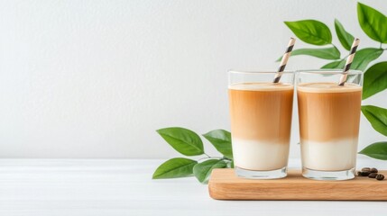 Chilled coffee drinks served with striped straws and coffee beans on a rustic wooden surface