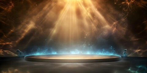 Obraz premium A mystical stage illuminated by radiant beams of light, surrounded by ethereal figures and cosmic elements. Concept Mystical Stage Design, Radiant Light Effects, Ethereal Figures, Cosmic Elements