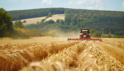Naklejka premium Agriculture. farmer working on a digital tablet in a field in the background tractor plows ground in a field of wheat. farming agriculture concept. business farmer in the field