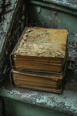 Obraz premium Two aged, decaying books rest on a weathered surface.