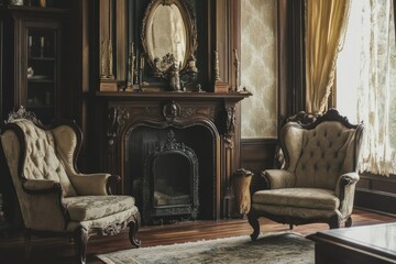 Fototapeta premium Elegant Vintage Living Room with Ornate Fire Place, Plush Armchairs, Decorative Mirror, and Luxurious Drapes in a Classic Setting with Timeless Charm