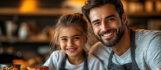 Obraz premium Happy father and daughter cooking together in kitchen.