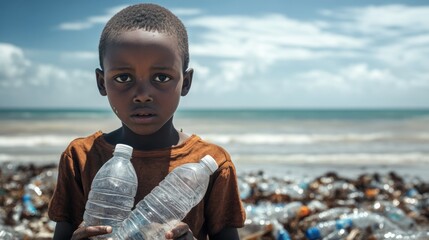A young boy holding plastic bottles while standing on a polluted beach with the ocean in the background. Highlights environmental issues, pollution, and the impact of waste on marine ecosystems.