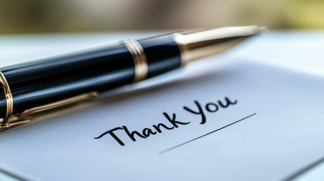 A black and gold pen resting on a handwritten "Thank You" note on a clean white surface. Represents gratitude, appreciation, and elegant communication for personal or professional occasions.