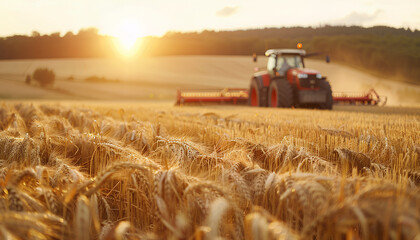 Obraz premium Agriculture. farmer working on a digital tablet in a field in the background tractor plows ground in a field of wheat. farming agriculture concept. business farmer in the field