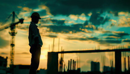 Fototapeta premium Silhouette man engineer looking for builder on construction site over blurred builder on construction site
