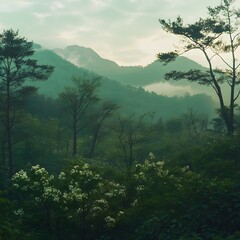 Obraz premium Vibrant spring foliage surrounds a misty mountain landscape in early morning light