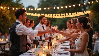 Celebrate love and friendship under twinkling lights at an elegant outdoor gathering with joyous toasts and beautiful moments