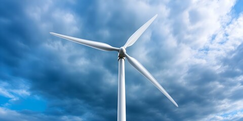 A wind turbine against a backdrop of cloudy skies, highlighting renewable energy and modern technology. Concept Renewable Energy, Wind Turbines, Modern Technology, Cloudy Skies, Sustainable Future