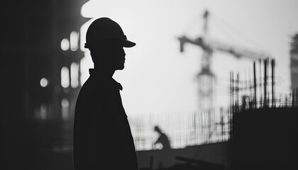 Silhouette man engineer looking for builder on construction site over blurred builder on construction site