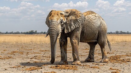 Fototapeta premium Thin Elephant Struggling in Dry Savannah Symbolic of Environmental Challenges