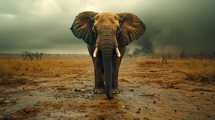 Fototapeta premium Emaciated Elephant Wandering Through Dry Savannah Environmental Crisis Symbolized