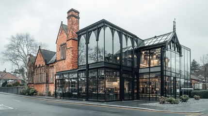 Modern glass extension on a historic brick building.