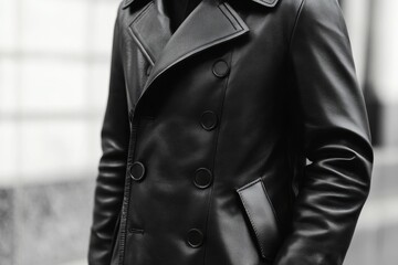 Black leather coat, double-breasted, buttoned.