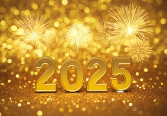 Golden "2025" numbers on a yellow background with golden glitter and fireworks, creating a festive and celebratory atmosphere.

