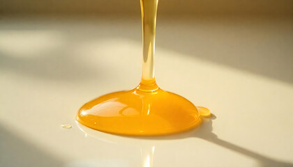 Golden Honey Drizzle with Droplets on a White Surface