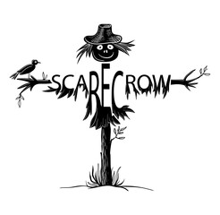 Scarecrow in a hat with a bird on his arm. The scarecrow's inscription is written on the torso in the form of rags of his clothes. Stock vector illustration in black and white