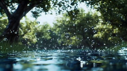 Naklejka premium Ripples dance across a serene pond under dappled sunlight in a tranquil setting