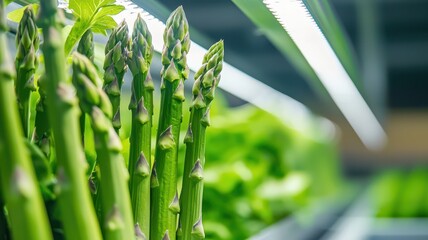Obraz premium Asparagus tips grown under LED panels for energy-efficient cultivation. Concept of food science and technology image.
